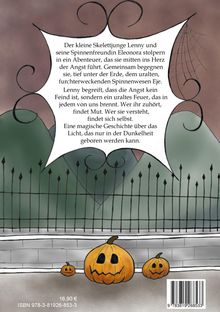 Text über Angst und Mut, mit Lenny, einem Skelettjungen. Illustration mit Kürbissen vor einem Zaun.