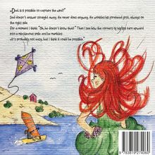 Text über einem Mädchen mit roten Haaren im Wind: Eine Unterhaltung über das Einfangen des Windes. Links ein Drachen.