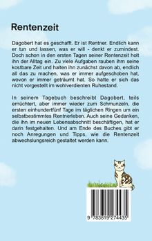 "Rentenzeit" und Text über Dagoberts Erlebnisse im Ruhestand. Unten rechts sitzt eine Katze auf einem Barcode.