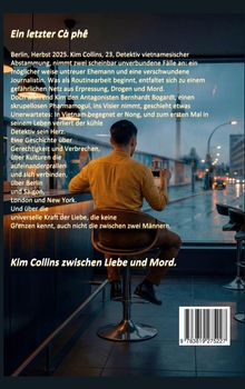 Ein Text erzählt eine Geschichte über Kim Collins, einen Detektiv, der in ein gefährliches Netz verwickelt wird. Ein Mann sitzt an einer Bar.