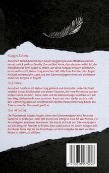 Texte: Ewiges Leben, Im Hades, Das Artefakt. Eine weiße Feder auf schwarzem Hintergrund. Darunter eine ISBN.