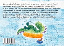 Text beschreibt Fridolin, einen Drachen, der Freundschaft und Mut entdeckt. Illustration: grüner Drache auf orangener Luftmatratze.