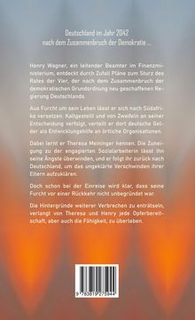 Titel: "Deutschland im Jahr 2042 nach dem Zusammenbruch der Demokratie ..."  
Text beschreibt Handlung um Henry Wagner in Südafrika.  
Hintergrund: Verlaufender Farbverlauf von Blau zu Orange.  
Unten: Barcode.