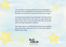 Ein Buchrückentext beschreibt die tröstende Geschichte eines Sternenkindes, das seinen Eltern ein Regenbogenbaby schenken will. Im Hintergrund zarte gelbe Sterne auf blauem Himmel.