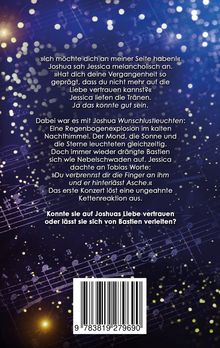 Text über eine emotionale Beziehungsgeschichte, musikalischer Notenhintergrund mit funkelnden Lichtpunkten und einem Barcode.