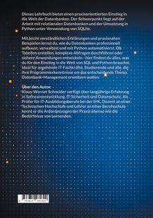 Ein lehrbuchorientierter Einstieg in Datenbanken mit Python und SQLite. Informationen über den Autor Klaus-Werner Schneider. Hintergrund in Blau mit Punktmuster. Barcode unten links.