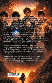 Vier junge Menschen stehen in einer fantasievollen Landschaft bei Sonnenuntergang. Jeder hat eine besondere Fähigkeit.