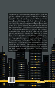 Ein Text beschreibt Franz Stidmanns Abenteuer in den USA, Konflikte und seine Suche nach Ruhe. Hintergrund: Stadt-Silhouette.