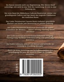 Text über Runenkunst und Ordnung, Preis: 24,90 €, Barcode. Rustikale Hintergründe mit einem gerollten Pergament.