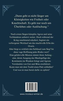 Ein Zitat über Überleben vs. Auslöschung. Text über Agrons Kampf und eine Mission, das Machtgefüge zu ändern. Webseite unten.