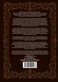 Ein dekorativer Rahmen umgibt einen Text über eine besondere Ausgabe von "Robinson Crusoe". Enthält Details zum Inhalt.