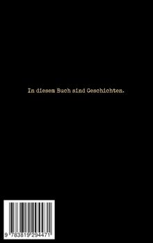 "In diesem Buch sind Geschichten." Schwarzer Hintergrund mit einem weißen Barcode unten links.