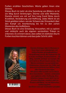 Texte beschreiben ein Buch über Daniela Kittingers Long Covid Reise und ihre Malerei als Ausdrucksform. Darunter ihr Foto.