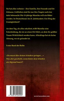Text über Mareikes Sehnsucht und Abenteuer, erstes Buch einer Reihe. Roter Hintergrund, Barcode und Website unten.