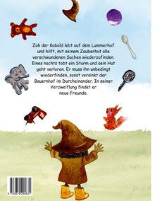 Zok der Kobold sucht seinen verlorenen Zauberhut; ein Sturm trennte ihn davon. Illustration mit Tieren und Gegenständen.