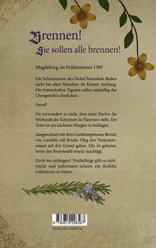 "Brennen! Sie sollen alle brennen!" steht oben. Darunter gelbe Blüten und ein Text über Magdeburg im Frühsommer 1395.