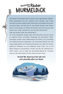 Texte: "Geschichten vom Räuber Murmeldick", "Vorsicht! Wer dieses Buch liest oder hört, wird unfreiwillig selbst zum Räuber."  
Illustration: Eine Tierbande zieht einen riesigen Käse durch eine verschneite Waldlandschaft.
