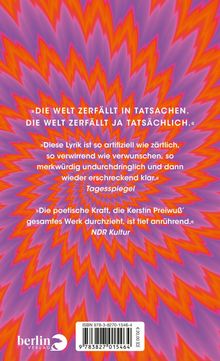 „DIE WELT ZERFÄLLT IN TATSACHEN.“ Zitat auf psychedelischem, buntem Hintergrund mit hypnotischem Muster.