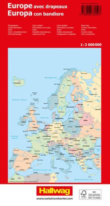 „Europe avec drapeaux, Europa con bandiere“. Straßenkarte mit Länderinformationen und Fähren, Maßstab 1:3.600.000.
