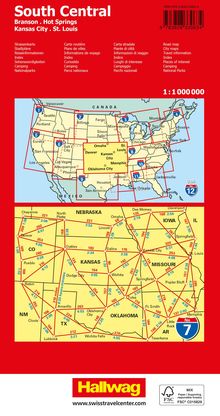 South Central: Branson, Hot Springs, Kansas City, St. Louis. Straßenkarte, Städte, Reisinfos. Hallwag Logo unten.