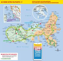 Karte der Insel Elba mit farbiger Markierung der Regionen. Oben links Toskana-Ausschnitt, oben rechts Europakarte.