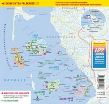 Landkarte von Nordfriesland mit den Inseln Amrum, Föhr und Halligen. Hervorgehobene Punkte sind Reise-Hotspots. Links Top-Highlights.