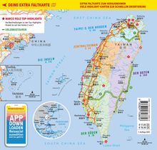 Karte von Taiwan mit Hervorhebungen der Regionen Taipei, Zentral- und Südtaiwan. Enthält Routen und Sehenswürdigkeiten.