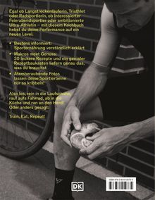 Text über Sporternährung und Rezepte für Sportler. Schwarzweißmotiv: Person hält ein Brötchen, Fahrradteil sichtbar. DK-Logo.