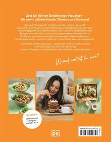 Orange Hintergrund mit Text zum Ernährungs-Neustart. Enthält Fotos von Essen und einer lächelnden Frau. DK Logo unten.