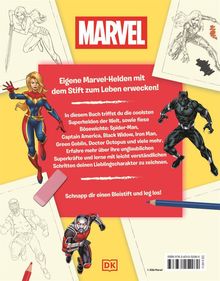 "Eigene Marvel-Helden mit dem Stift zum Leben erwecken! Schnapp dir einen Bleistift und leg los!" Marvel-Logo oben.