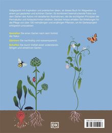 Text beschreibt ein Gartenbuch, gefüllt mit Inspiration und praktischen Anleitungen, illustriert mit Gartenbildern. Im Bild: Pflanzen und Insekten. Logo von DK.