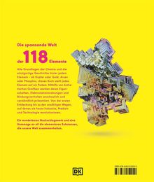 Der Text beschreibt "Die spannende Welt der 118 Elemente" mit einer bunten, künstlerischen Kristallstruktur auf gelbem Hintergrund.