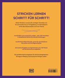 Text in lila Schrift auf orangefarbenem Hintergrund: "Stricken lernen Schritt für Schritt!" mit Details über Stricktechniken und Projekte.
