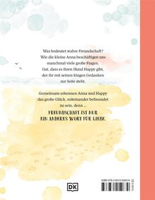 Texte beschreiben Freundschaft, Anna und ihren Hund Happy. Hintergrund in sanften Farben, mit Wolken und Pfotenabdrücken.