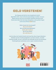GELD VERSTEHEN! Fragen zum Thema Geld und Taschengeld. Illustration: Familie mit riesigem Sparschwein und Münzen.