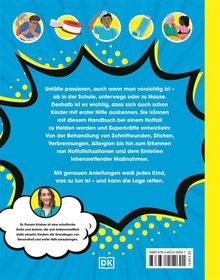 Text beschreibt, wie wichtig Erste Hilfe für Kinder ist. Mit Anleitungen können sie Notfälle meistern. Oben sind Illustrationen.