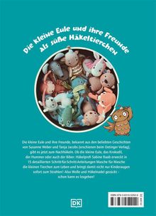 Titel: "Die kleine Eule und ihre Freunde als süße Häkeltierschen". Runde Schale voller gehäkelter Tiere; Eule-Illustration.