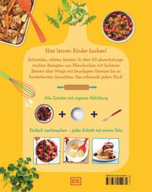 Text: "Hier lernen Kinder kochen!...Das schmeckt jedem Kind!"
Plus mit Fotos: Früchte, Zucker, Hafer. Illustration: Utensilien und Zutaten.