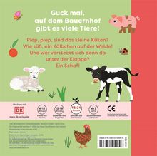 "Guck mal, auf dem Bauernhof gibt es viele Tiere!" Tiere: Lamm, Kalb, Küken, Ferkel, Huhn, Marienkäfer.