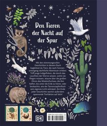 Buchtitel: „Den Tieren der Nacht auf der Spur“. Illustration mit Tieren, Pflanzen und Sternen auf dunklem Hintergrund.