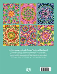 Text: "Auf Ausmalreise in die florale Welt der Mandalas!" Sechs bunte Mandalas in einem Raster. Unten ist ein DK-Logo.