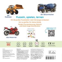"Puzzeln, spielen, lernen. Mit 20 großen Puzzleteilen viele Fahrzeuge entdecken. Der Radlader, der Betonmischer, das Motorrad."