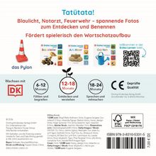 "Fördert spielerisch den Wortschatzaufbau." "Tatütata!" Illustrationen von Kinderbüchern und ein Verkehrspylon sind zu sehen.