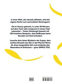Text über Kochrezepte als Rückzugsort; gelbe geschwungene Formen dekorieren das Layout; DK-Logo unten.