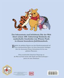 Text beschreibt Winnie Puuhs 100. Geburtstag und eine Jubiläumsausgabe. Charaktere Po, Tigger, Ferkel und I-Aah umarmen sich.