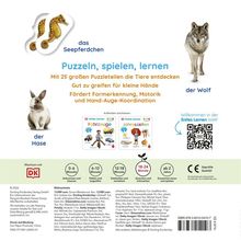 "Puzzeln, spielen, lernen" in großer Schrift. Bilder: Seepferdchen, Hase, Wolf. Weitere Texte über Motorik. QR-Code rechts.