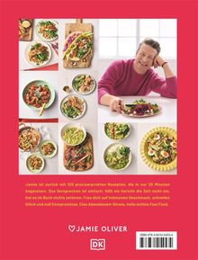 Jamie bietet 120 schnelle Rezepte. Intensiver Geschmack, null Kompromisse. Ciao Stress, hallo Fast Food. Jamie Oliver Logo.