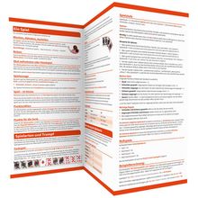 Faltblatt mit Spielanleitung für Skat. Überschriften sind in Orange; enthält Tabellen, Bilder von Spielkarten und Textabschnitte.