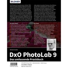 Text: BILDNER, DxO PhotoLab 9, Das umfassende Praxisbuch. Inhalte: RAW-Konvertierung, Farbkorrektur, KI-Masken. Autor: Michael Gradias. Foto eines Mannes mit Brille.