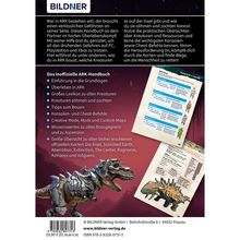 BILDNER Logo, Text über ARK-Handbuch-Inhalte, zeigt Dino mit Rüstung, zwei Seiten mit Infos und Illustrationen von Kreaturen.